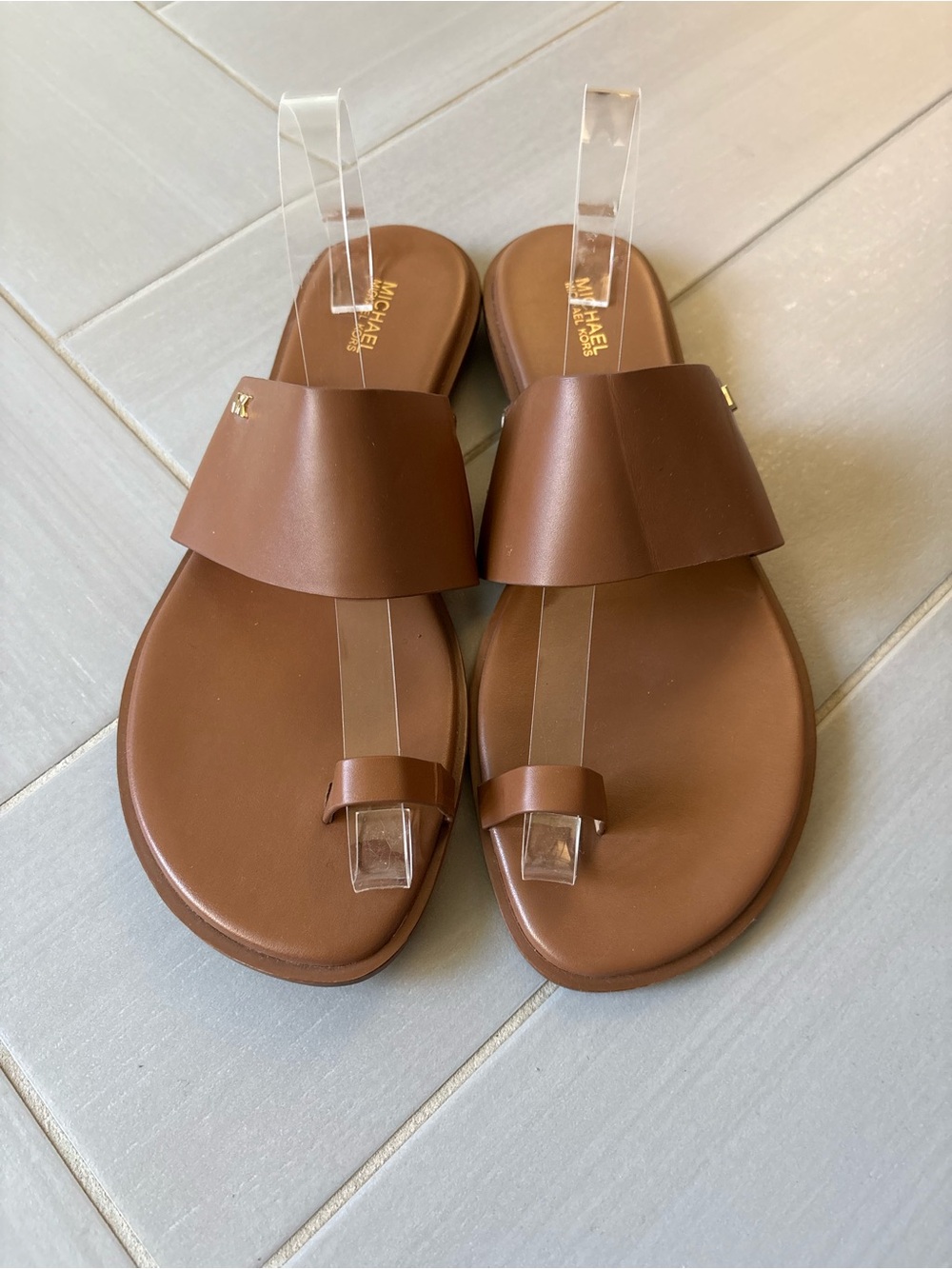Michael Kors August Flat Sandals | Chestnut Leather | Toe-Loop Slide Sandals - Picture 3 of 8